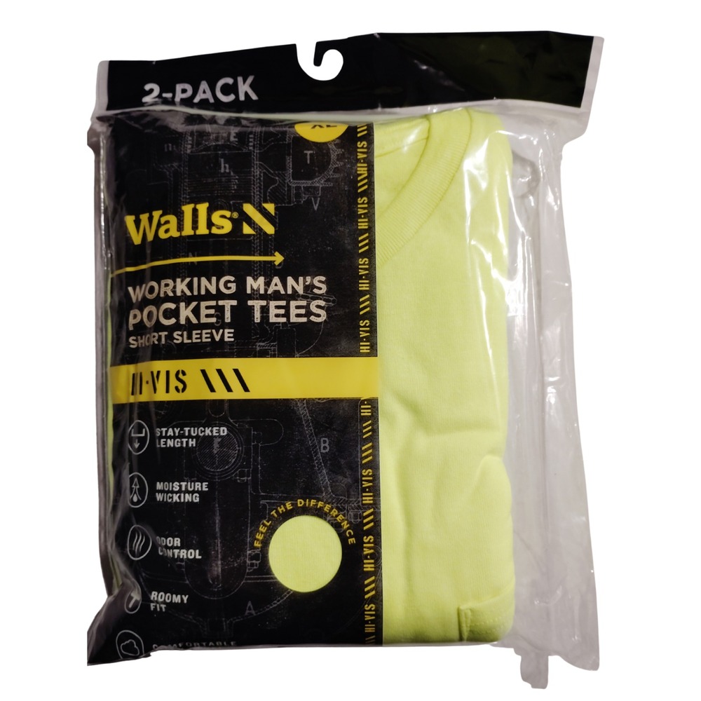 Walls N Working Man's Pocket Tees Short Sleeve Hi-Vis Yellow 2-Pack XL‎ New